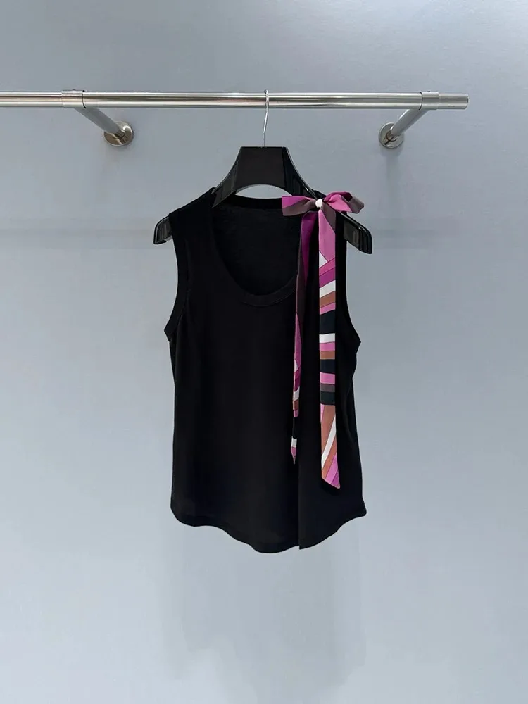 Summer Fashion Daily Casual Black Color Camisole Women's O-Neck Print Butterfly-knot Sleeveless Elastic Force Tops
