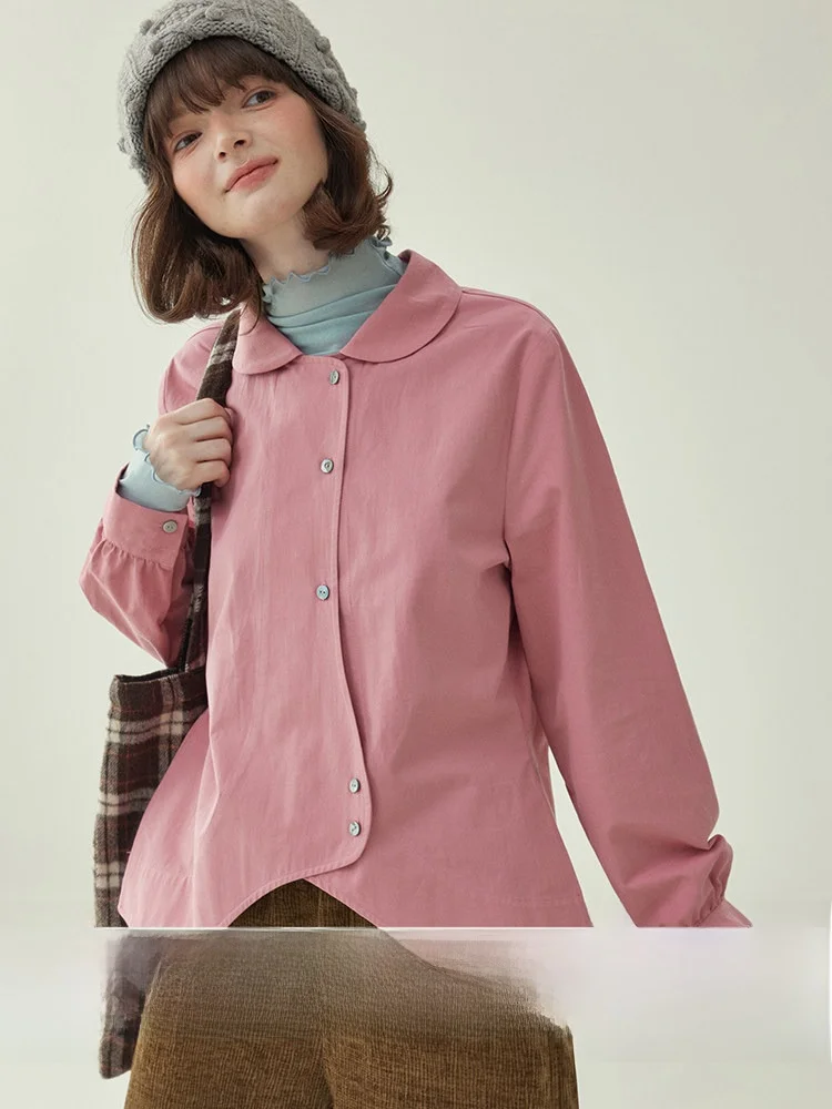 

AMUU Original Irregular Doll Collar Plum Red Cotton Long Sleeve Shirt Women's Winter New Loose Fit Comfortable Breathable