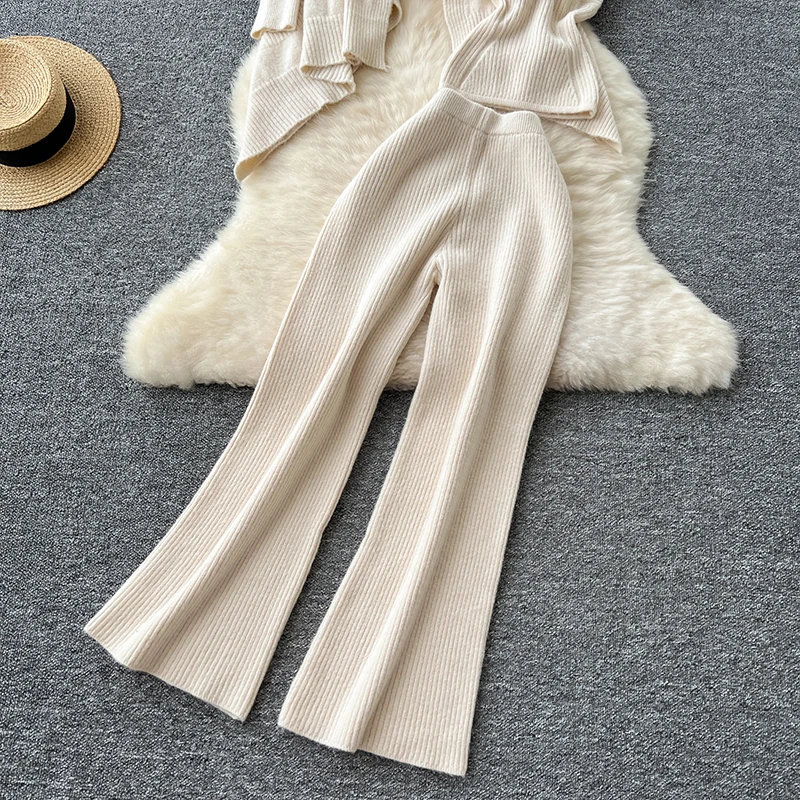 Fashion Warm 2-piece Set Lapel Neck Lace Up Slim Coat+Sling Inner Tops+High Waist Wide Leg Pants Women Knit Autumn Winter Suits