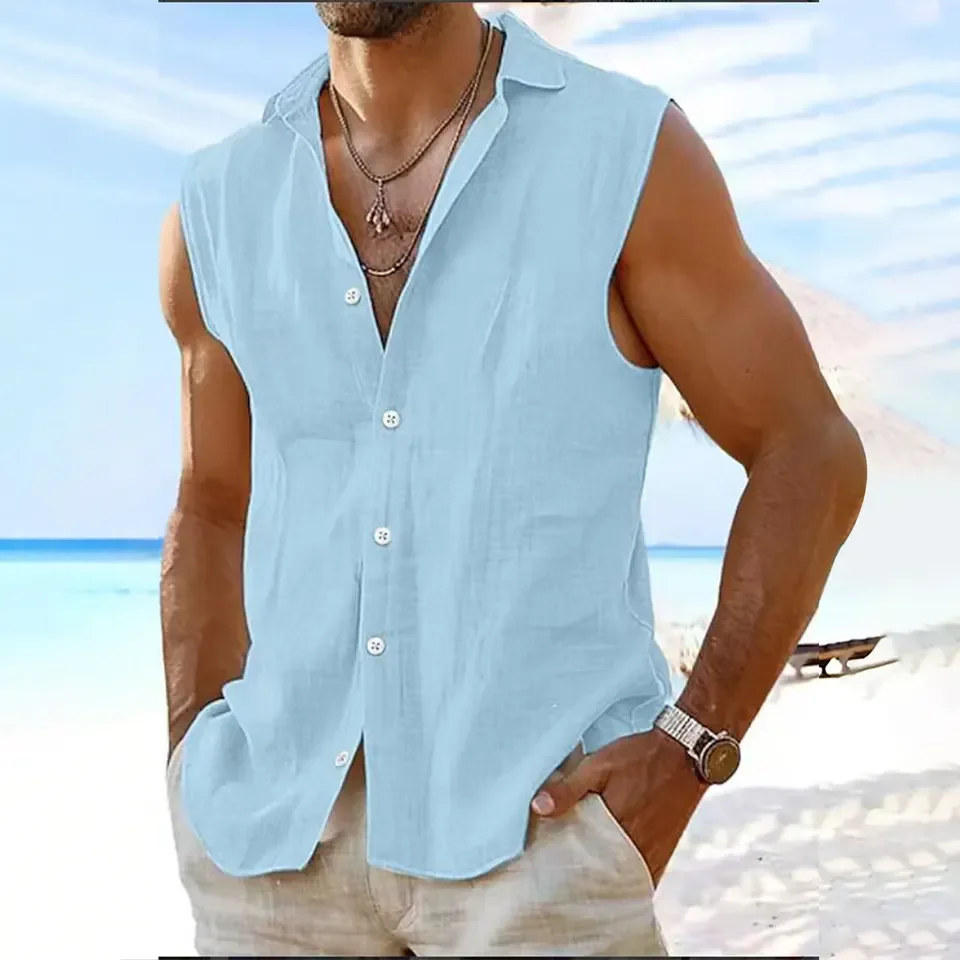 Cotton Linen Shirt For Men Summer Sleeveless Button Down Shirts Solid Color Casual Holiday Beach Shirt Male Tops Daily Wear