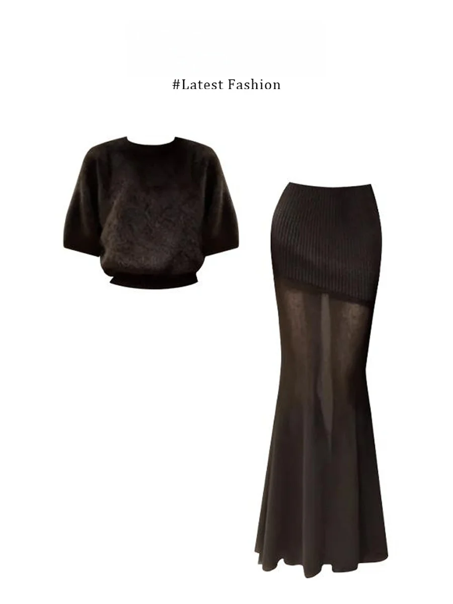 

Parkyeon Winter New Style Pure Desire Short Sleeve Knitted Top with Fish Tail Half Skirt Women's Fashion Set Warm Casual Wear