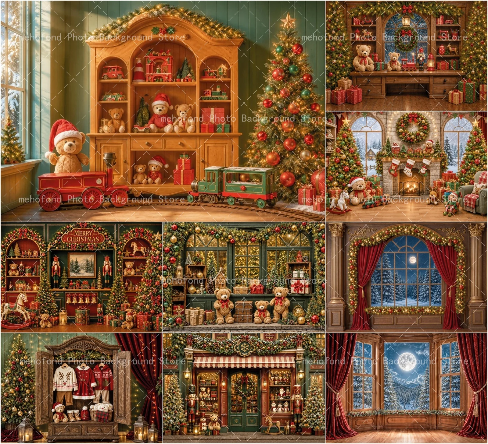 Mehofond Cute Bear Christmas Photography Background Xmas Tree Fireplace Moonlight Kid's Birthday Party Family Portrait Decor