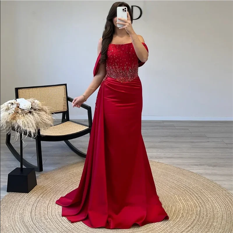 Abito da sera rosso a sirena sexy personalizzato con spalle scoperte Pietre pesanti Abiti da ballo con abito da spettacolo in cristallo con strascico