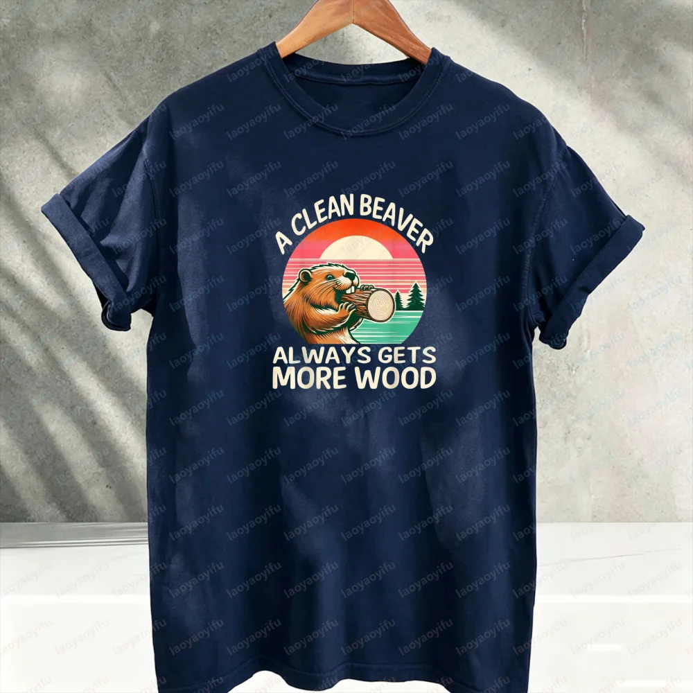A Clean Beaver Always Gets More Wood Graphic T‑Shirt Vintage Retro Sunset Beaver Animal Tees Cotton Casual Loose Streetwear Tops