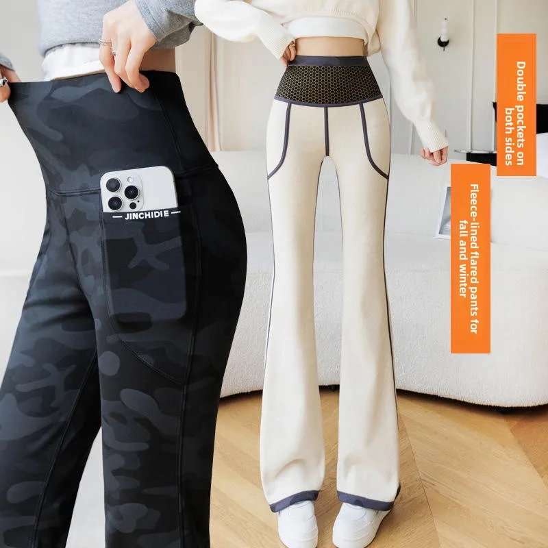 

Теплые флисовые брюки для йоги с высокой талией, эффектом подтяжки ягодиц, двойными карманами, расклешенные, больших размеров, длинные.