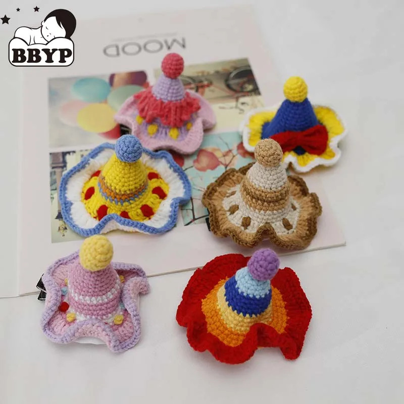 Handmade Boutique Crochet  Pompom Party Hat Hairpins Cartoon Barrettes Hair Clips For Baby Child