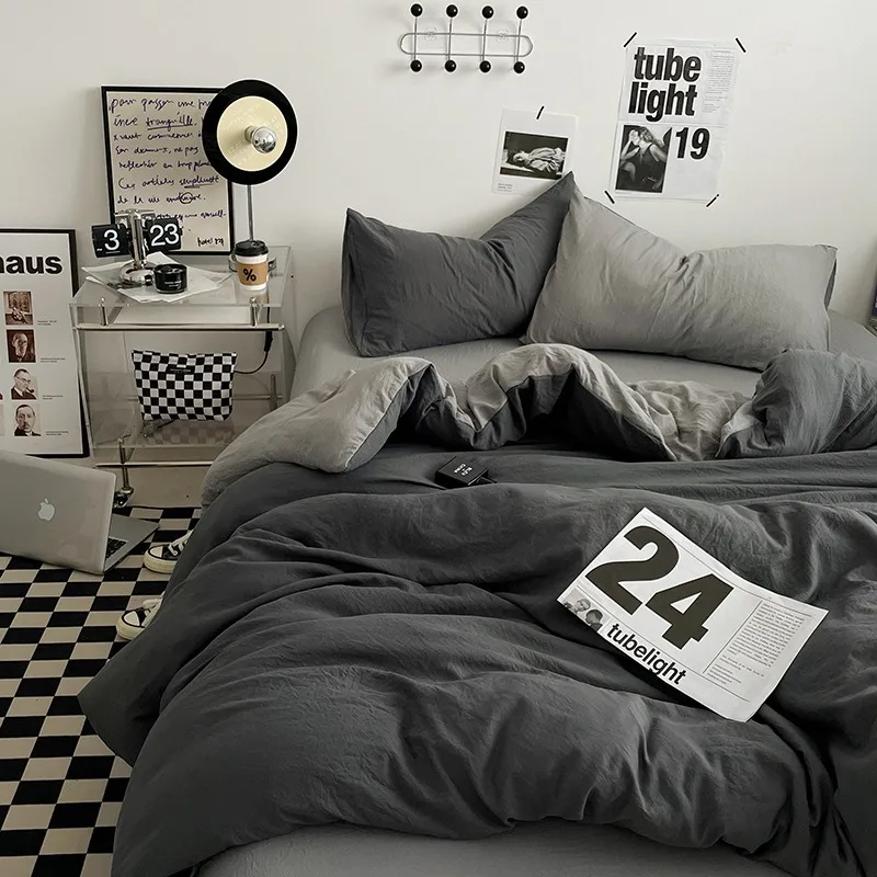 Class A Washed Cotton Bedding Set Skin-Friendly for Naked Sleep Solid Color Duvet Cover Sheet Student Dorm 3pcs / 4pcs Fitted