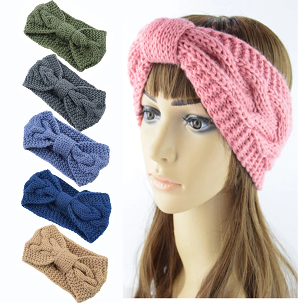 Winter New Knitting Wool Headband Handmade Hair Accessories Ear Warmer Wide Solid Hairband Crochet Turban Headwrap Bow Twist