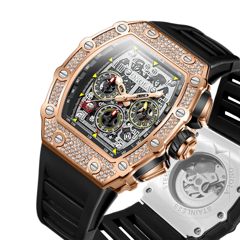 ONOLA High Quality Automatic Man Watch Luxury Full Diamond Luminous Waterproof Sports Men Mechanical Watches Men Clock