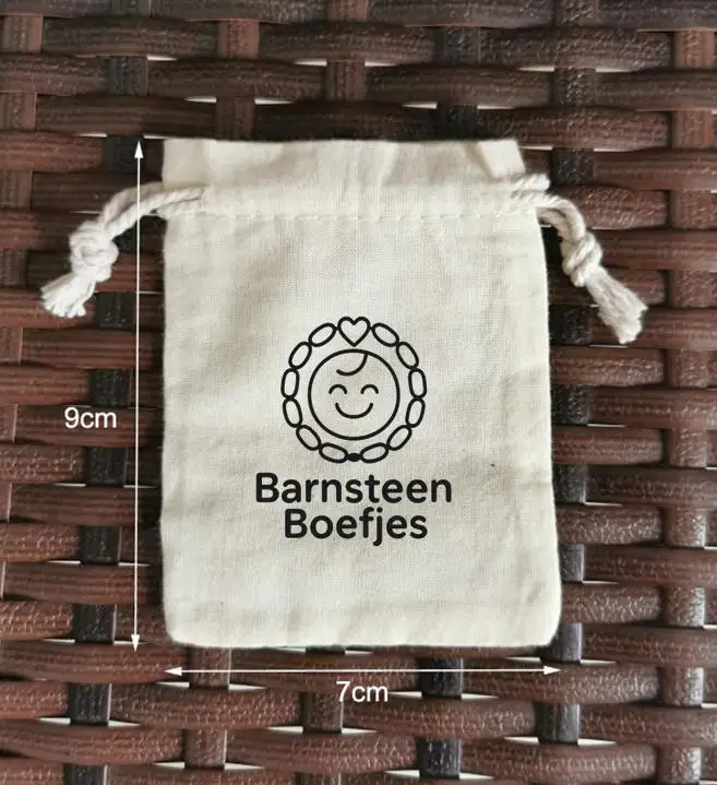 100 Pieces 7x9cm and 100 Pieces 9x12cm Natural Cotton Bags Drawstring Pouches Screen Printed with Black Logo Customised Logo