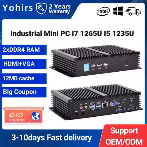 Yohirs 12th Gen Industrial Mini PC Intel Core i7 1255U i5 1235U 2*DDR4 2*RS232 Com HD VGA 5G SIM Card Rugged Fanless Computer
