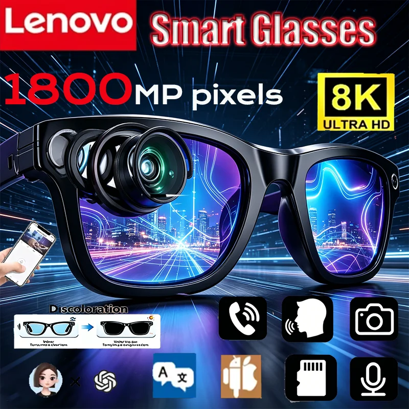 Lunettes Intelligentes Lenovo 8K 1800MP avec Appel Mains Libres, Traduction IA, Enregistrement de Chat IA, Lecture Musicale – Lunettes de Soleil Intelligentes pour Hommes et Femmes