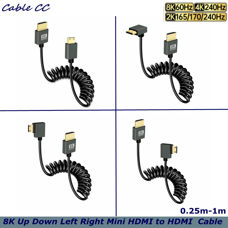 8K Right Angle HD To Mini HDMI-compatible Coiled Cable Spiral Cord, Support 8K@60Hz 4K@120Hz 48Gbps for Nikon, DSLR,