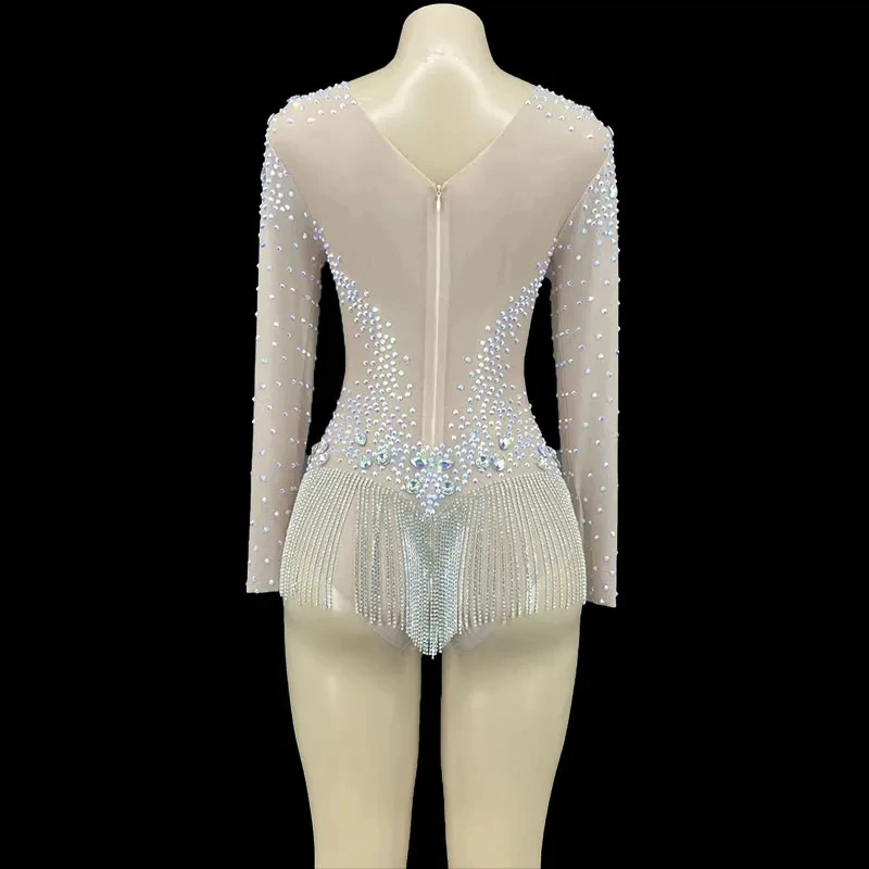 

ZD Women's Rhinestone Mesh Leotard with Sparkly Tassel Detail - Bodysuit for Pole Dance Stage Fitness
