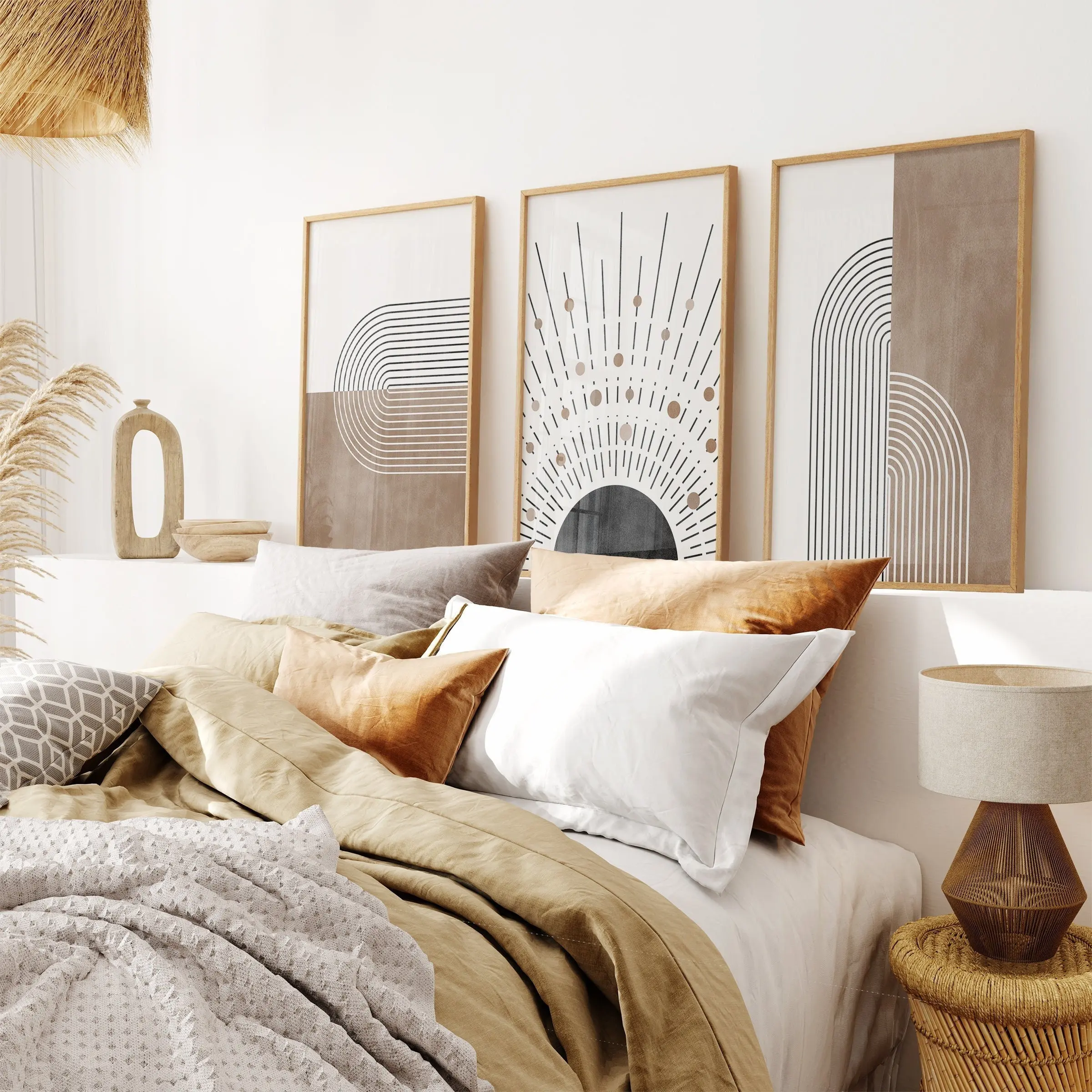 3PCS frameless decorative art print,Mid-Century Boho Abstract Wall Art Set, Neutral Sun Rainbow Geometric Canvas Prints, Minimal