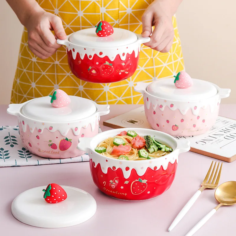 

Ceramic Instant Noodle Bowl Lovely Strawberry Relief Pattern with Cover Double Ear Single Soup Rice Salad Bowl Kitchen Tableware