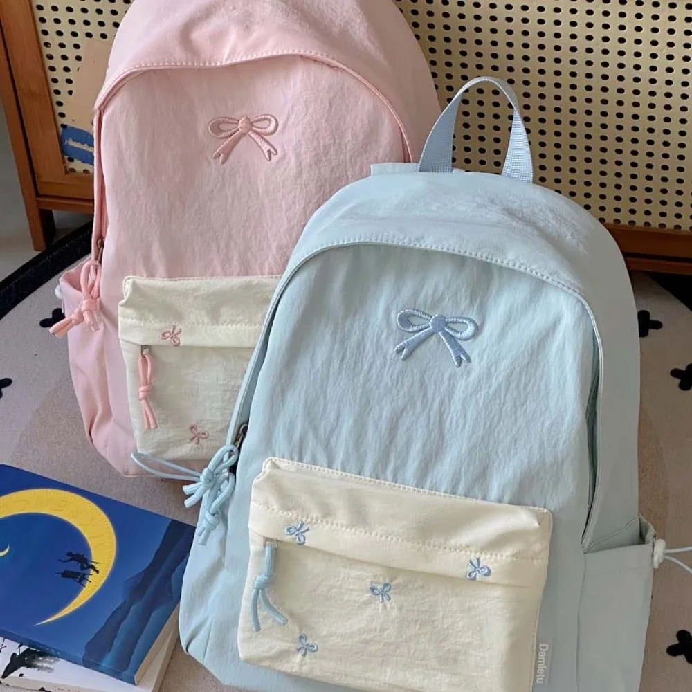 

Lightweight Daypack Canvas Bow Backpack Casual Embroidered Students School Bag Durable Polyester Large Capacity Backpack Women