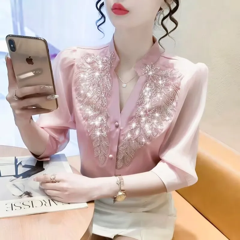 

Spring Summer New Women's irt Heavy Embroidery Lace Bla Design Sense Blouse Loose Fit Polyester Fiber Seven Sve Long
