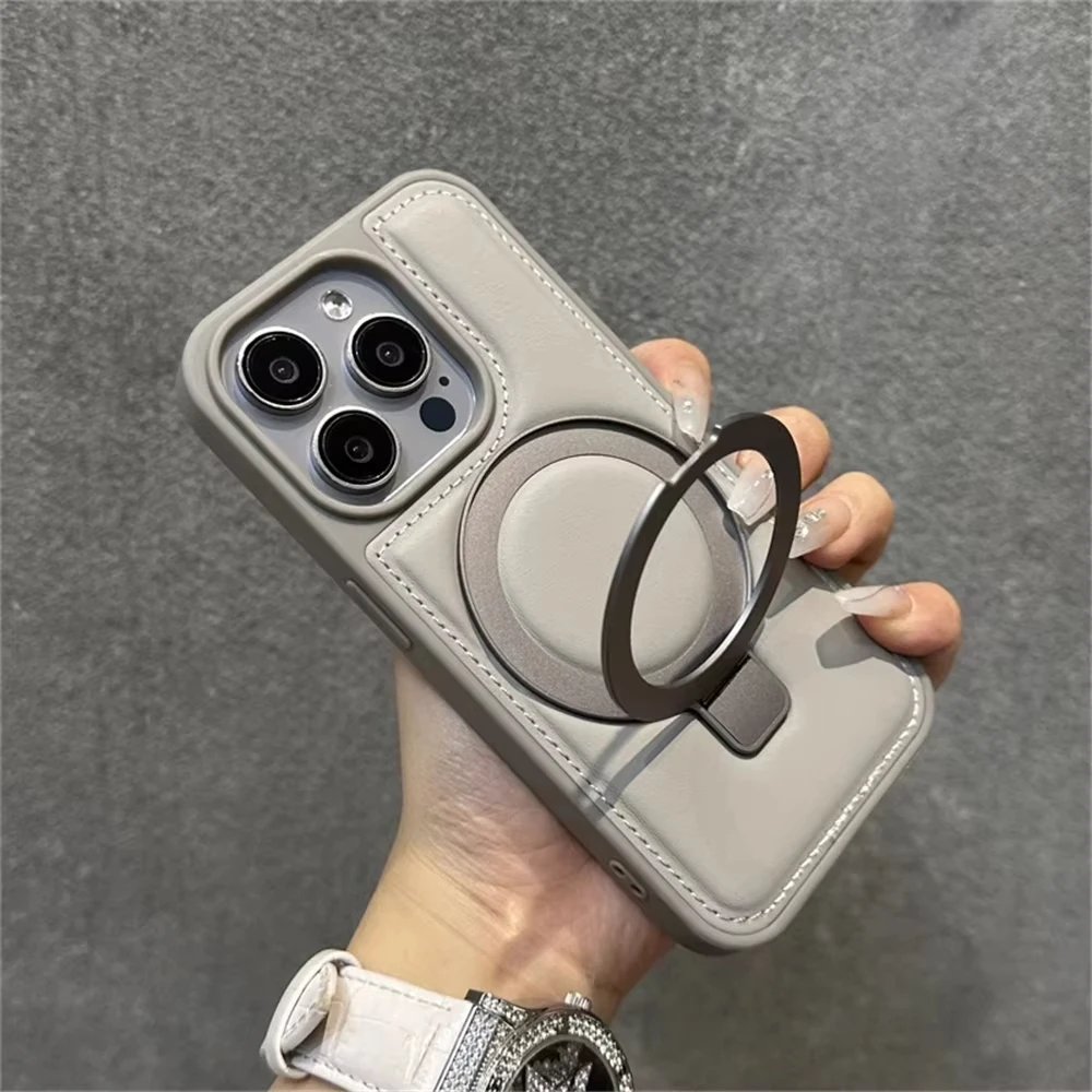 For Magsafe Magnetic Wireless Charge Case For iPhone 16 Pro Max 15 14 13 12 Luxury Business Leather Ring Stand Shockproof Cover