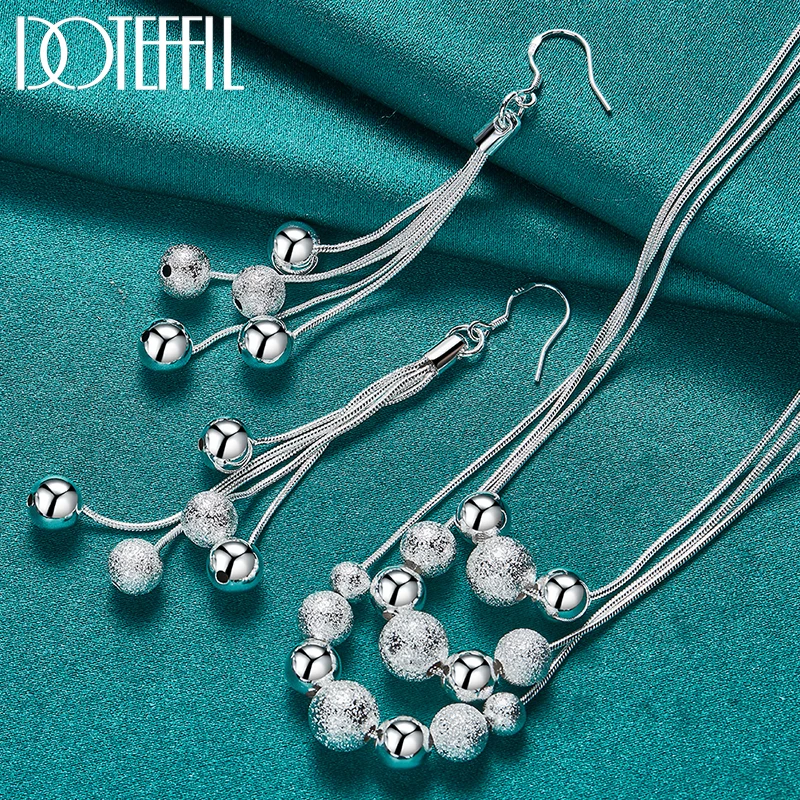 DOTEFFIL 2pcs 925 Sterling Silver Smooth Matte Bead Ball Necklace Earring Set For Woman Wedding Engagement Party Charm Jewelry