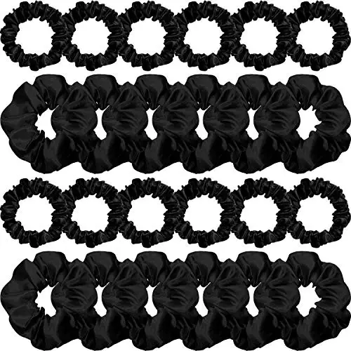 

24 Pcs Satin Hair Scrunchies, Silky Elastic Bands, Skinny Solid Ties for Ponytail, 2 Sizes (Black)
