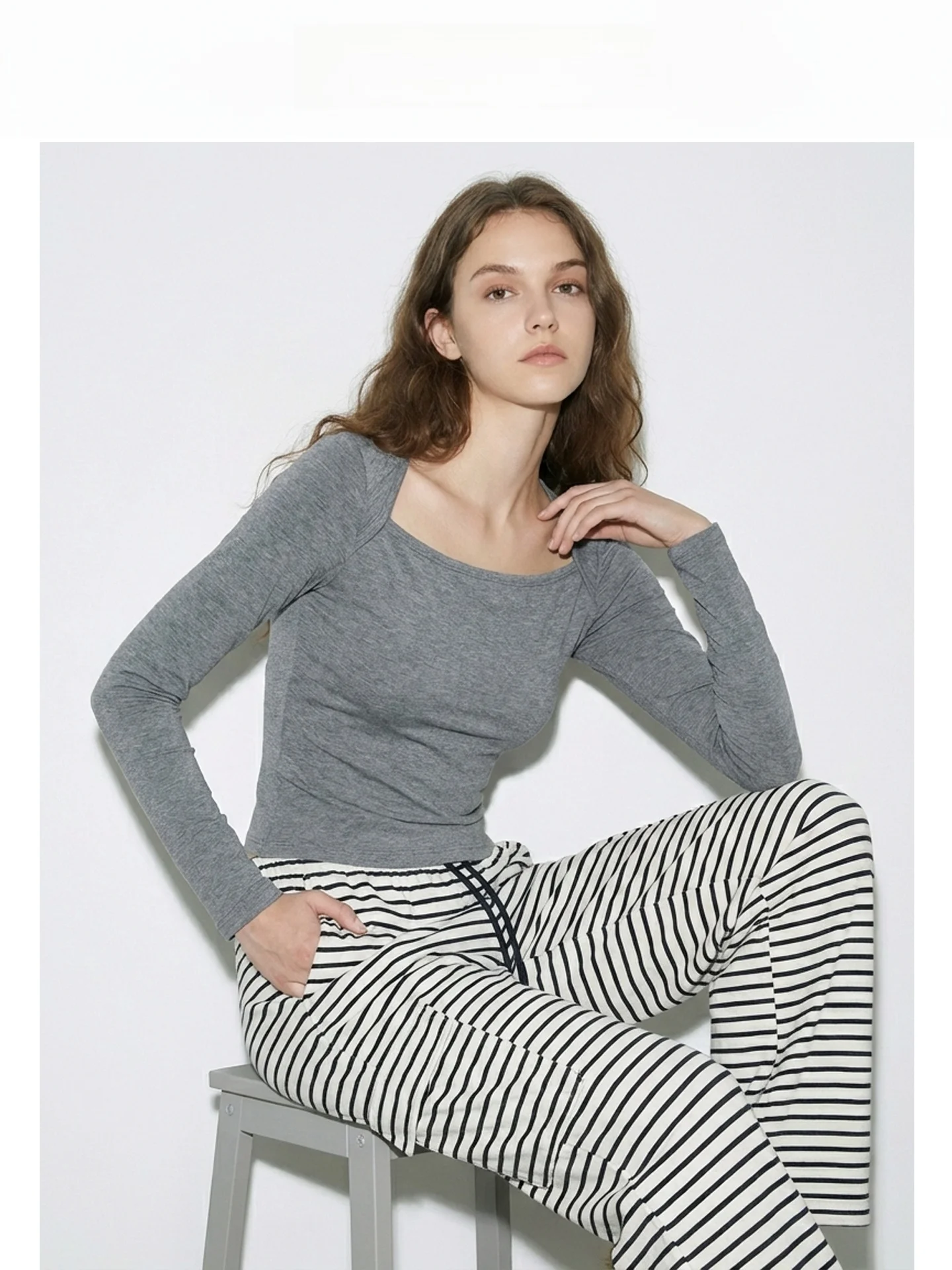 

Женская облегающая футболка с длинным рукавом из шерстяной смеси для осени и зимы, с квадратным вырезом, открывающим ключицы, простой базовый слой