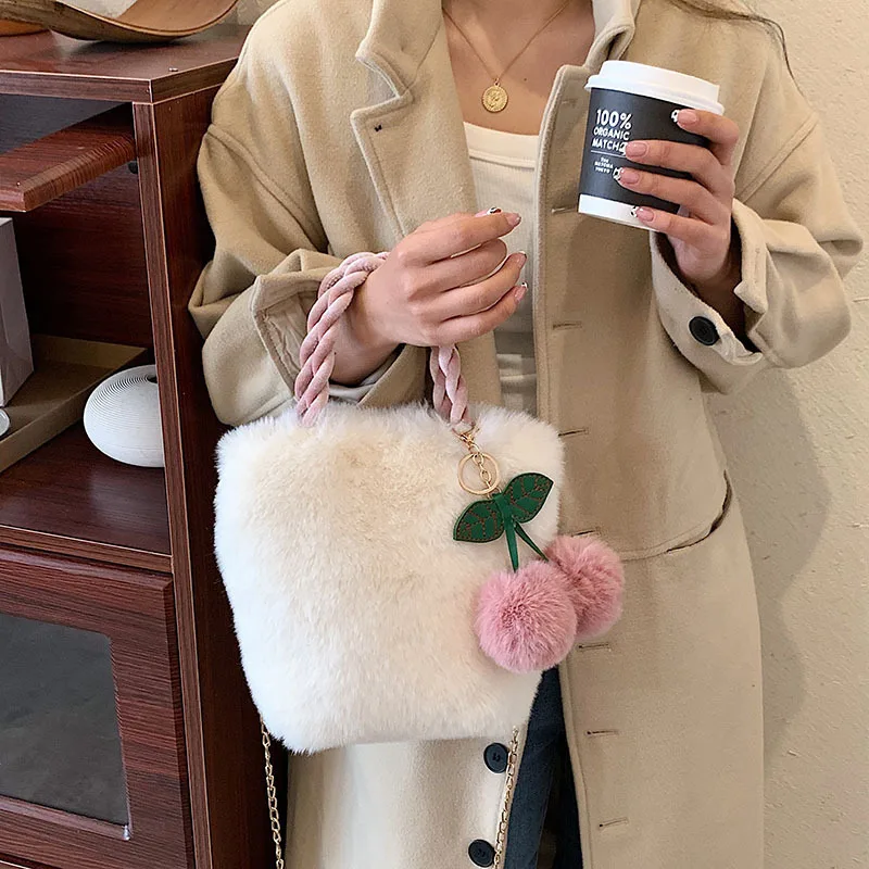 

Faux Fur Crossbody Bags for Women Plush Small Purses and Handbag with Pompom Cherry Fluffy String Shoulder Bag Girl Clutch Purse