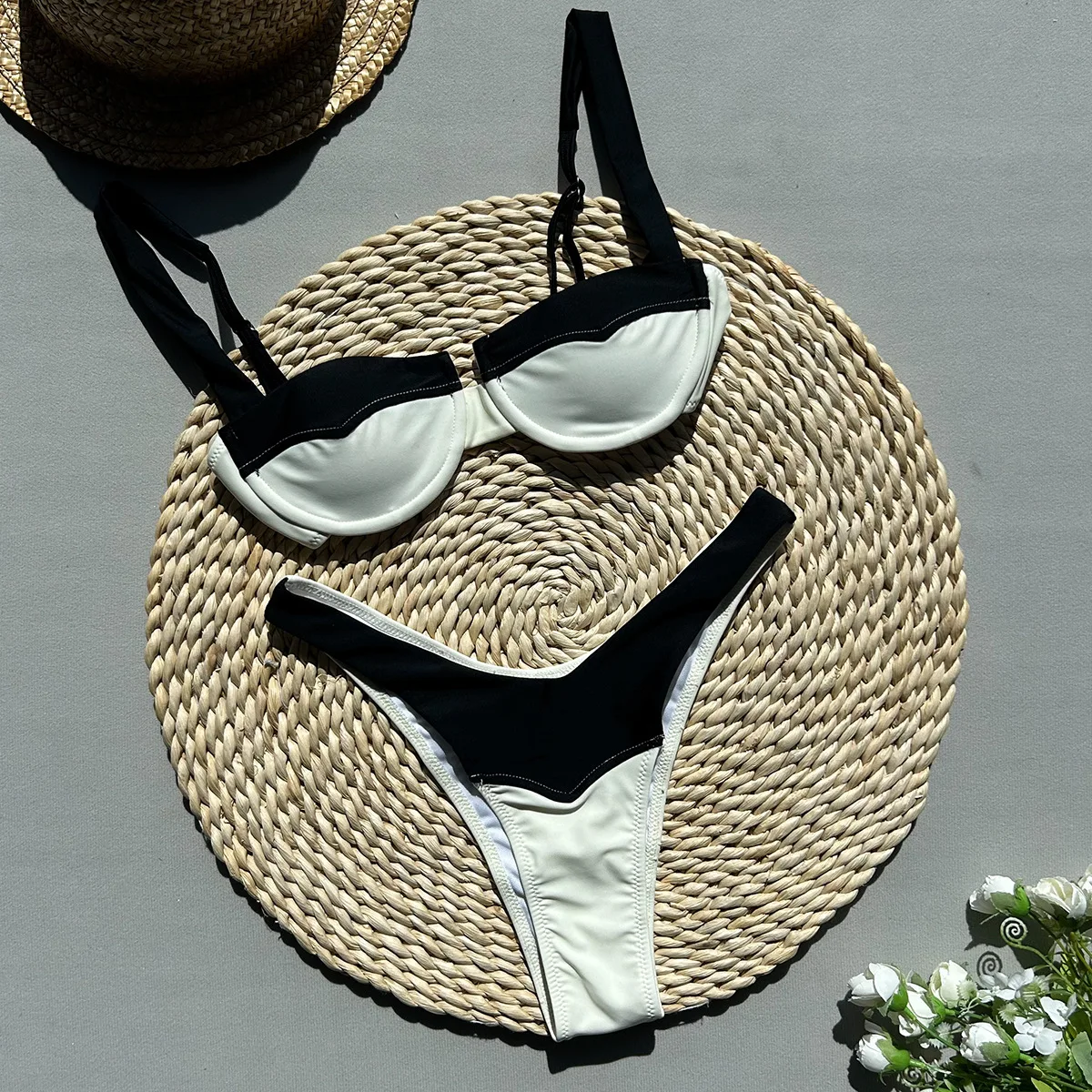 sexy push up micro bikinis sets two pieces beige black patchwork thong swimsuit Swimwear Biquini conjunto de bikini tankini