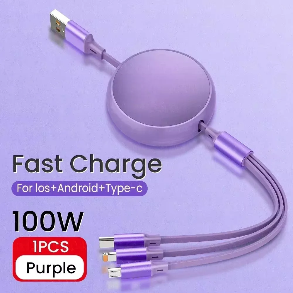 6A 100w  Data Cable 3 in1 Fast USB Cable Retractable Portable Charging Line Micro USB Type C Charger Cable For Iphine/Samsung