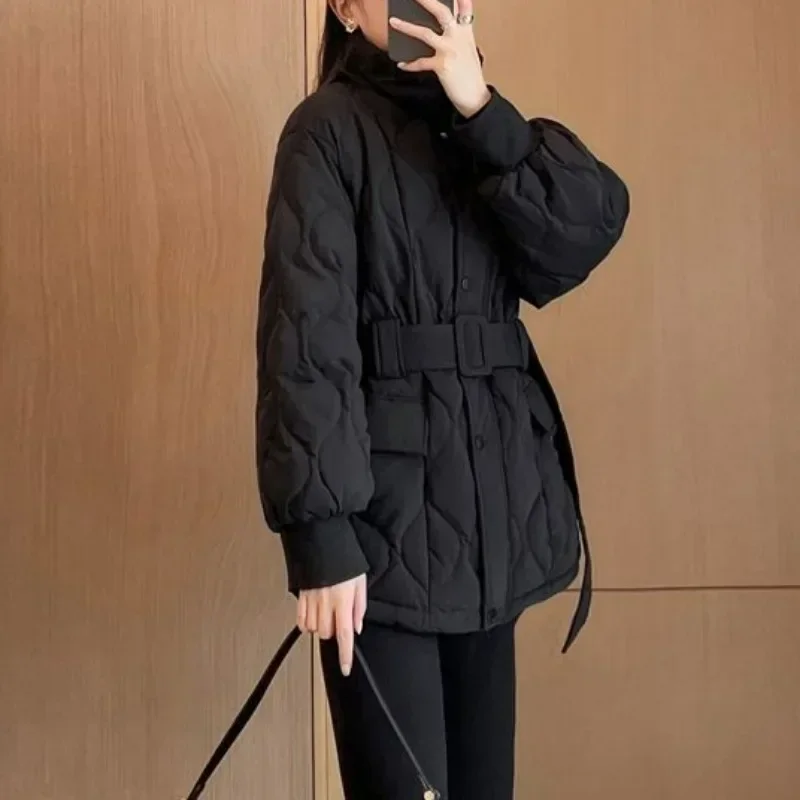 Stand Neck Plaid Design Sense Parkas Single-breasted Lace Up Slim Waist Puffer Jacket 2023 Autumn Winter New All-match Coats