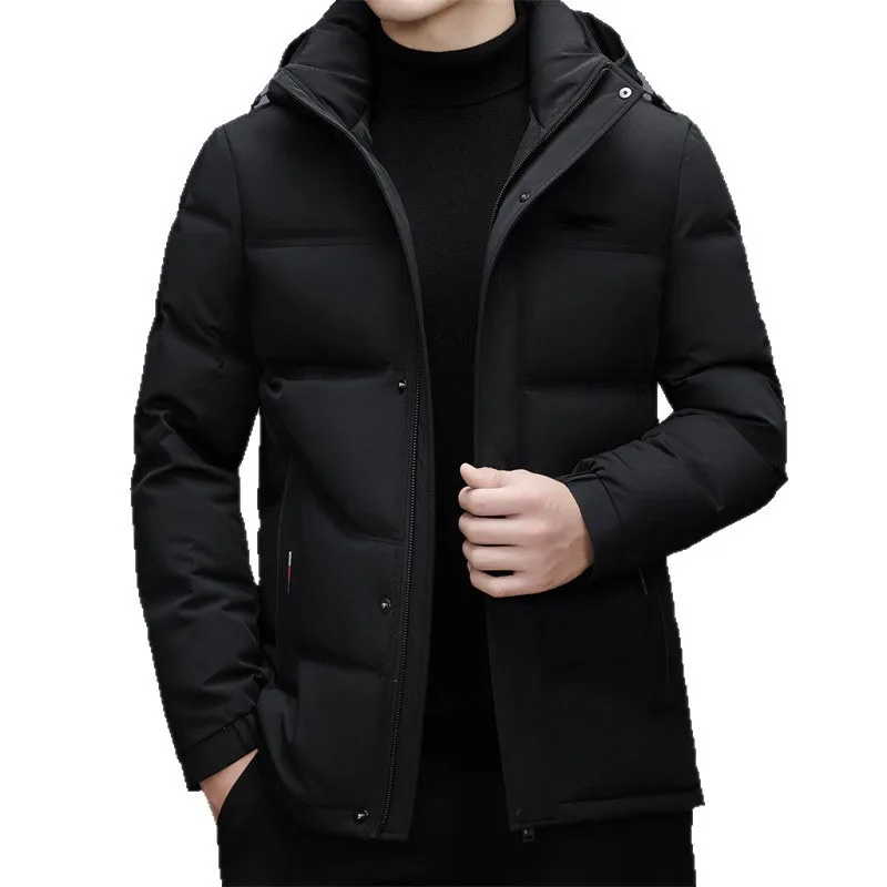 Winter men’s hooded down jacket made of white duck down, stylish short design, thick fabric, removable.
