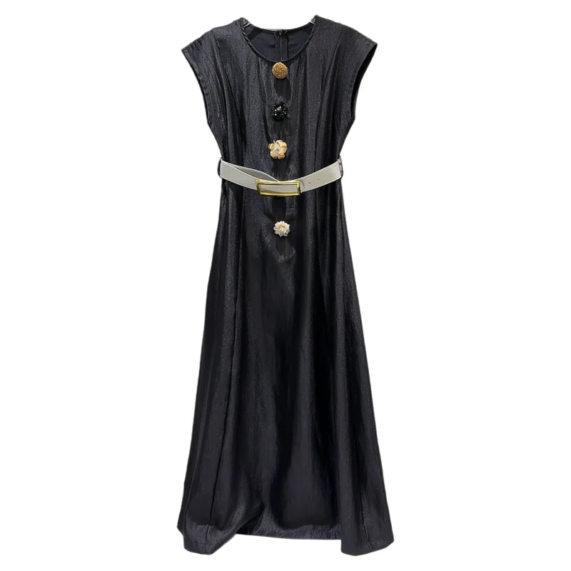 Letnia kolekcja 2025, długa metalowa ozdoba kwiatowa 3D, poduszka na ramię, elegancka damska sukienka z wysokim stanem, rozkloszowana, bez rękawów.