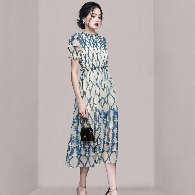 Runway Vintage Summer Organza Holiday Long Dress Elegant Women Ruffled Collar Flower Print Lantern Sleeve High Waist Vestidos