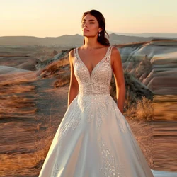 Elegant luxury A-Line Women Wedding Dresses Shining Satin Princess Bridal Gowns Mopping Length Backless Lady Vestidos De Novias