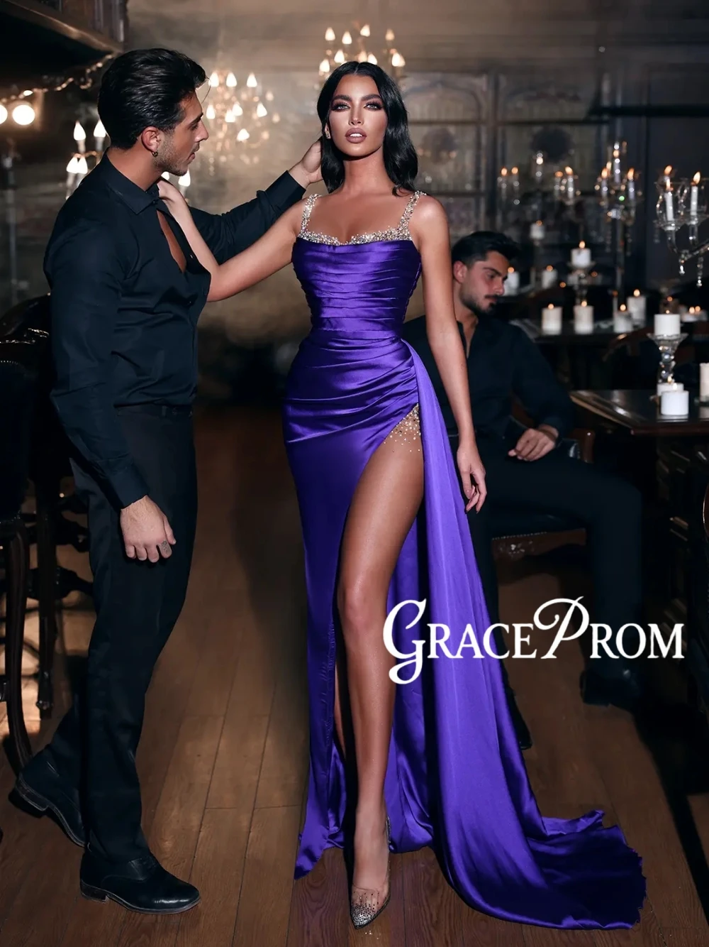 فستان GRACEPROM مثير بفتحة عالية للحفلات الراقصة معقدة مطرزة برقبة مربعة ثوب مسائي للنساء ملابس حفلات الرقص المخصصة #1