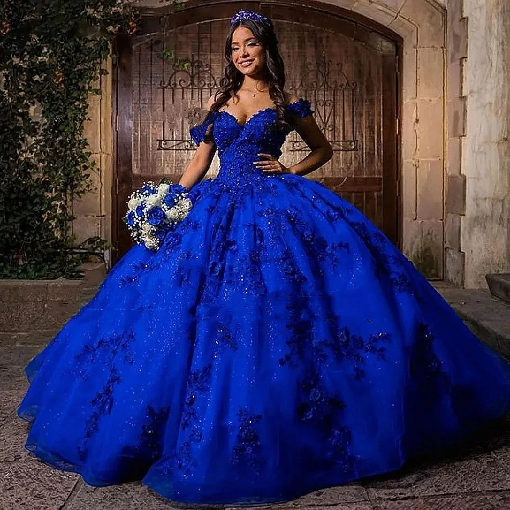 

2024 Royal Blue Sexy Quinceanera Dresses Off Shoulder Sequined Lace Appliques Crystal Beads Sequins Sweet 16 Prom Dress