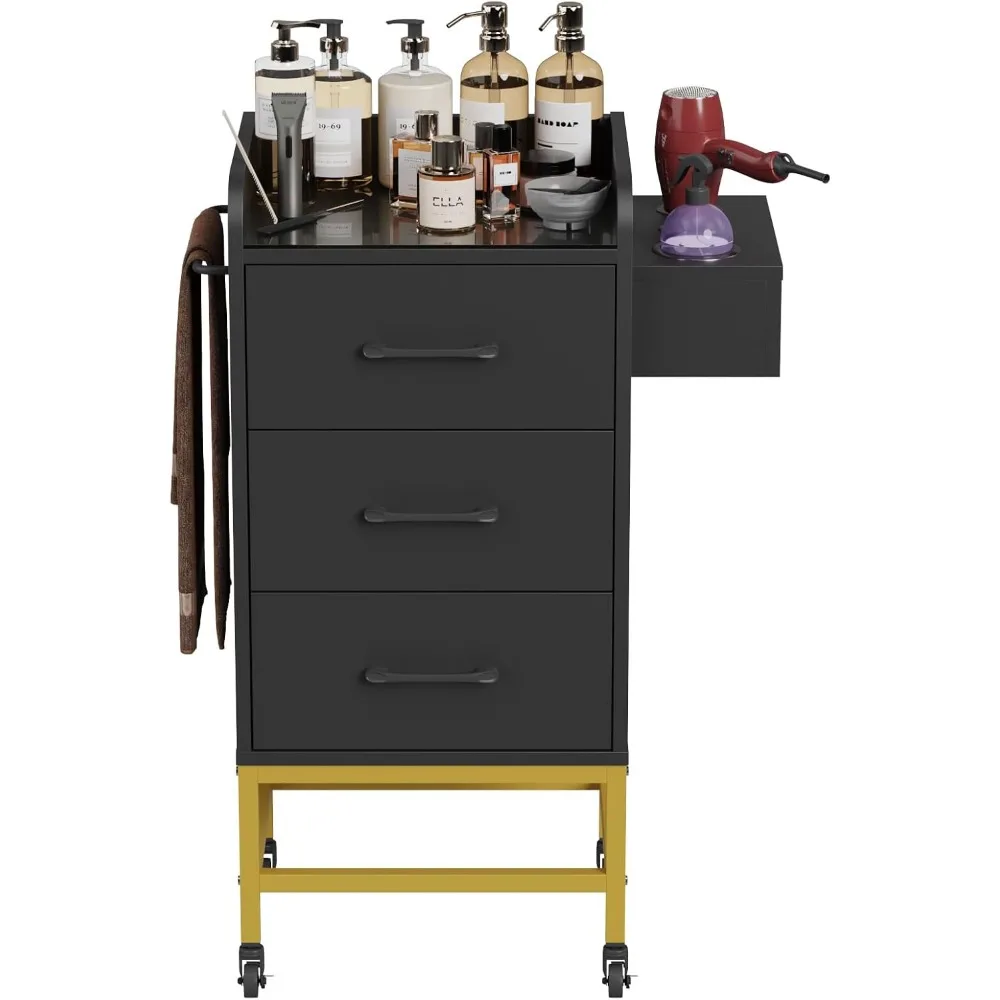 

Salon Trolley Cart with Toughened Glass Top, 4 Wheels (2 Lockable) Rolling Barber Station w/Wheels, Drawers, Hair Dryer Holders,