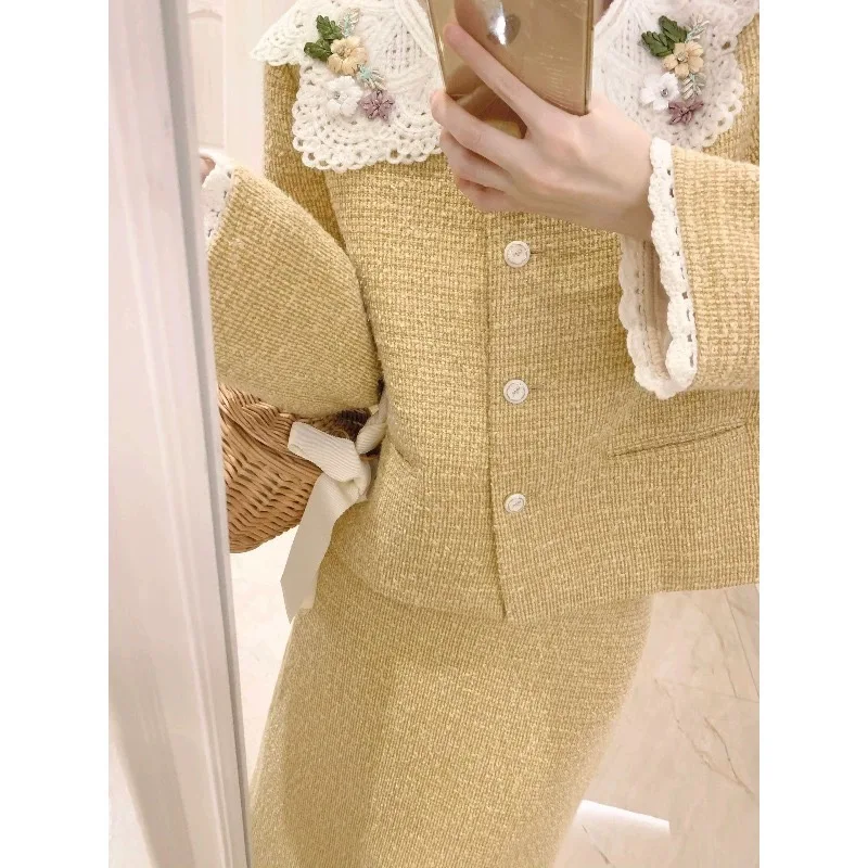 UNXX Yellow Bouclé Set Socialite Elegant French Top Skirt High-End Dress Two-Piece Women's Autumn Outfit Women Female Lady Set