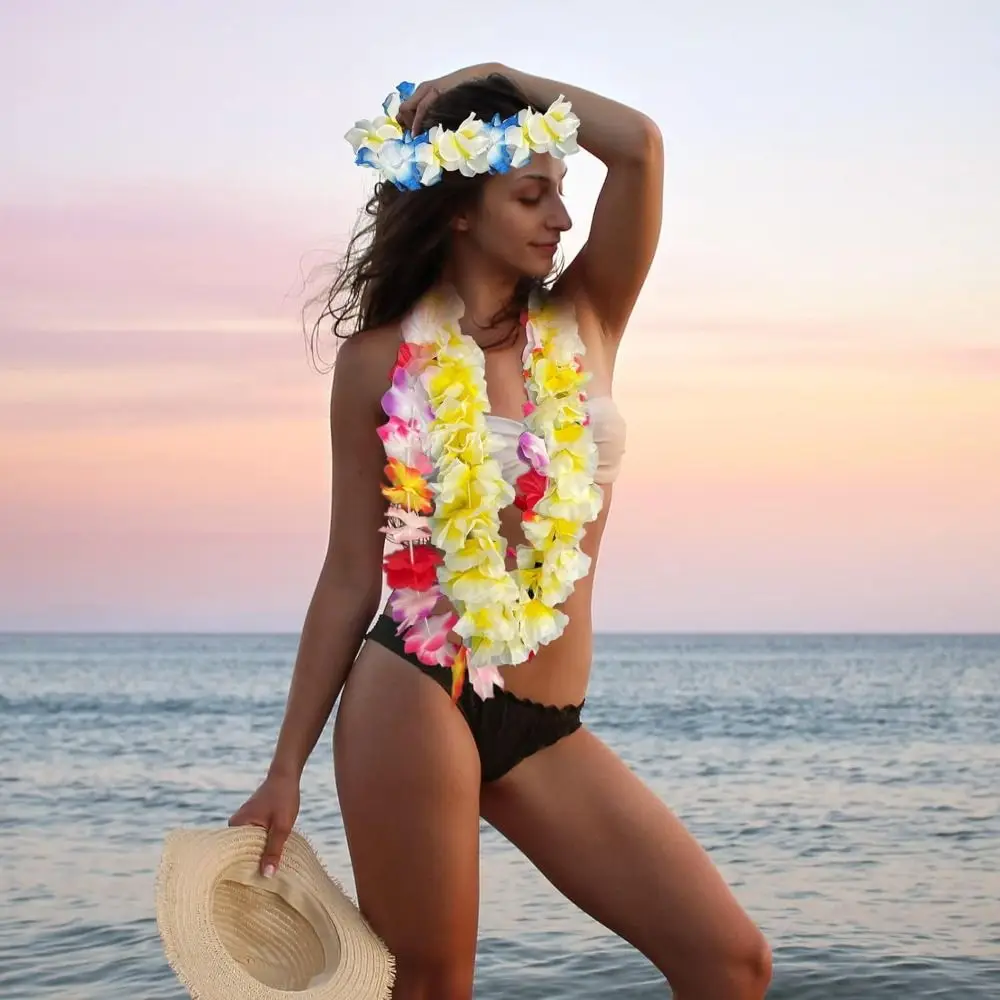 24/50/100 قطعة الملونة هاواي ليس الاصطناعي قابلة لإعادة الاستخدام الاستوائية موضوع Leis شاطئ عطلة نابضة بالحياة زهرة الحرير قلادة