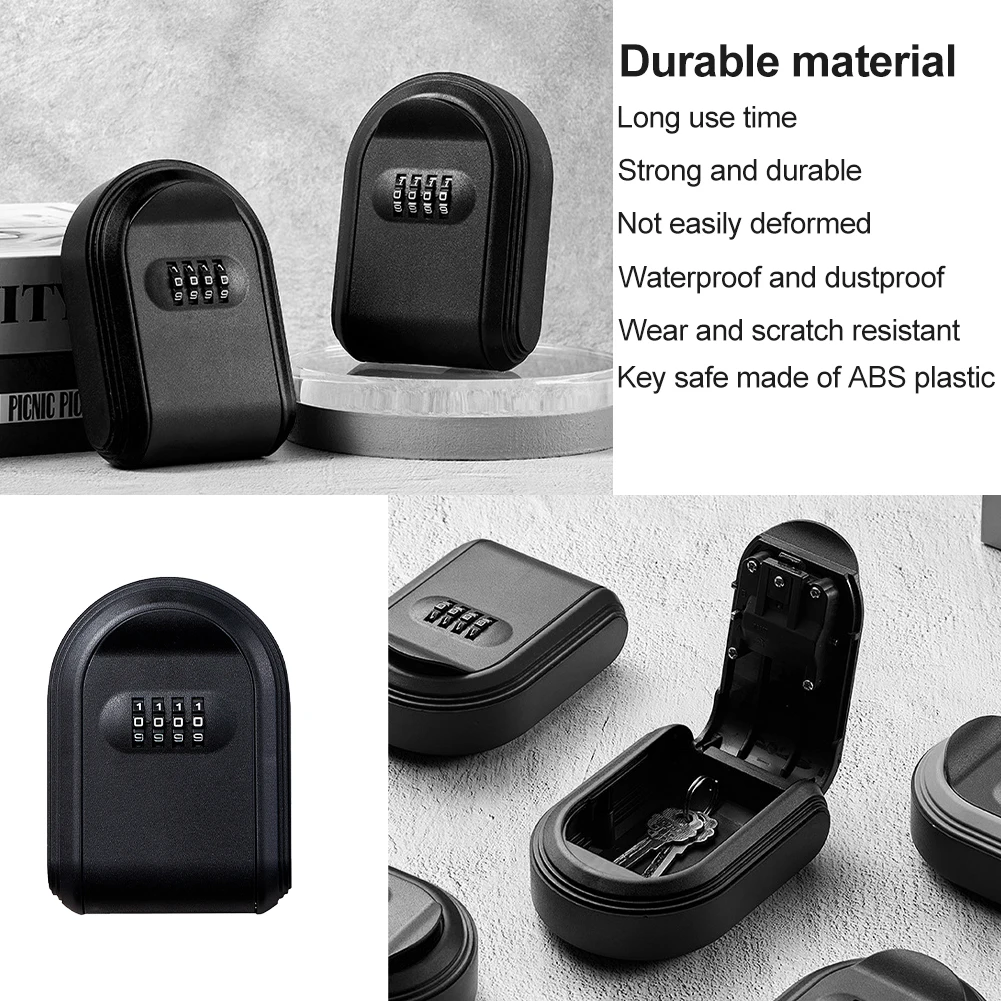 Gym Durable Key Safe Box 4 Digit Combination Lock Plastic Wall Mounted Black With Screws Garden Cabinet Waterproof School Garage