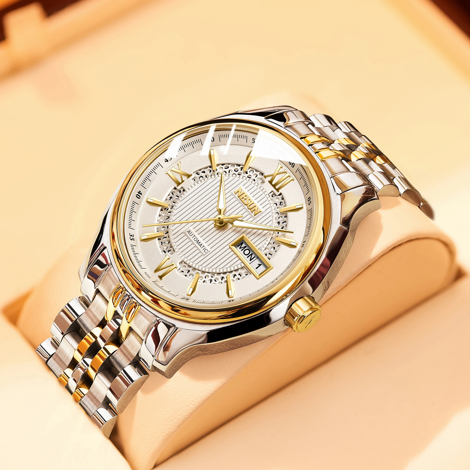 

Мужские часы NESUN: полностью автоматические механические мужские часы со скелетонизированным маховиком и светящимися повседневными мужскими часами 9205