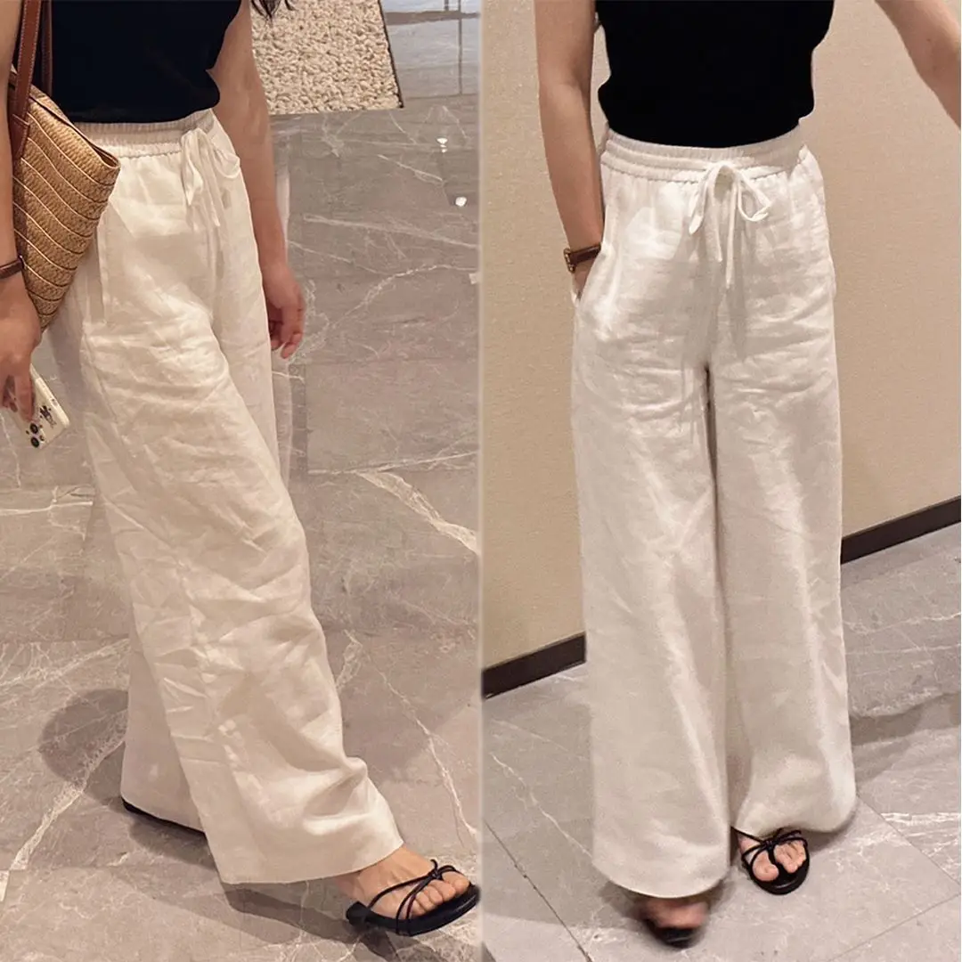 

2025 Summer New Fashion Simple Commute Straight Leg Pants Loose Artistic Lazy Style Thin Ice Silk Wide Leg Pants Women