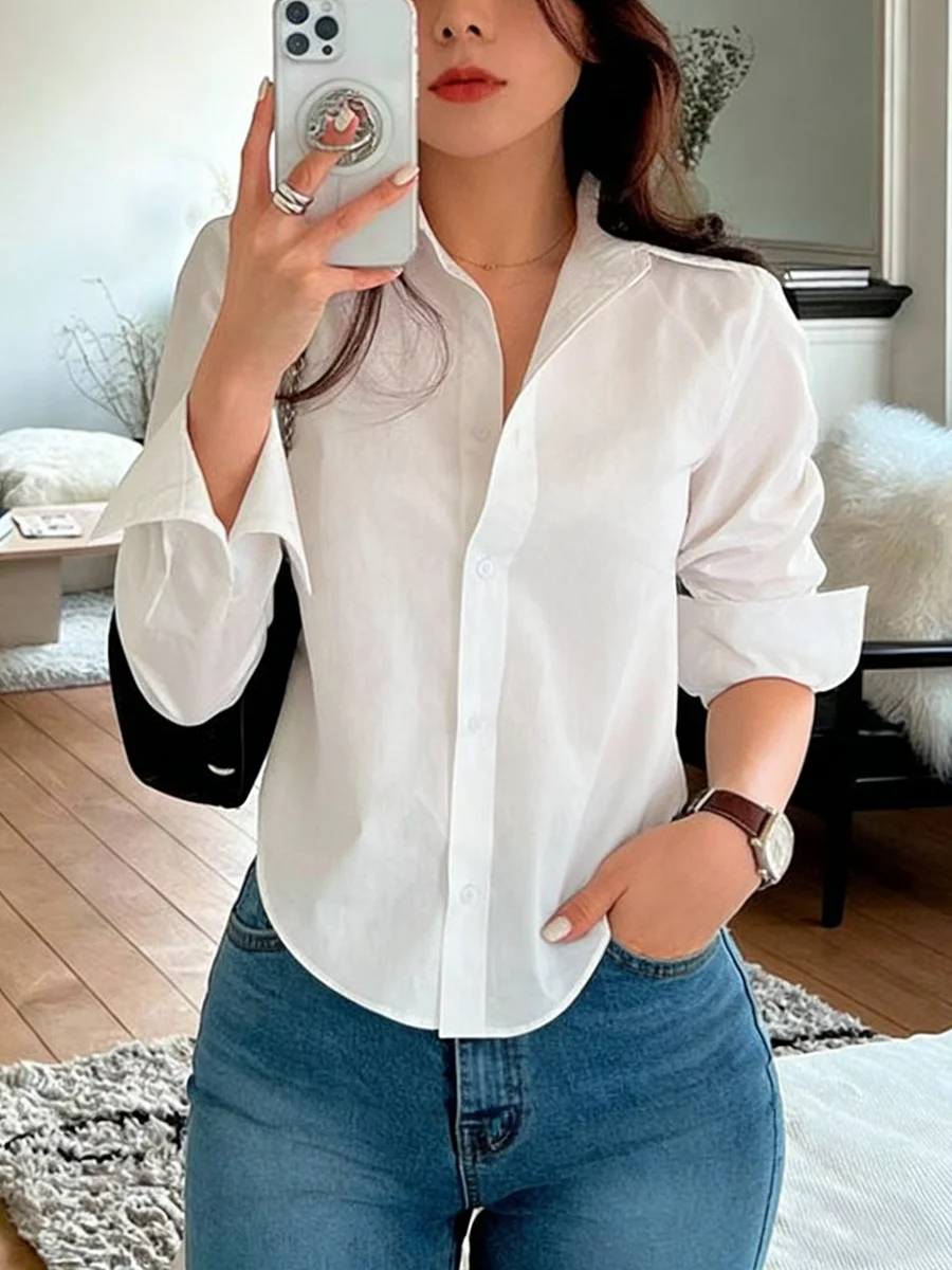 

Women's Button Down Shirt Collar Long Sleeve Solid Woven Loose Fit Shirt Min Shirt Spring Summer Chic Shirt Daily Light Shirts