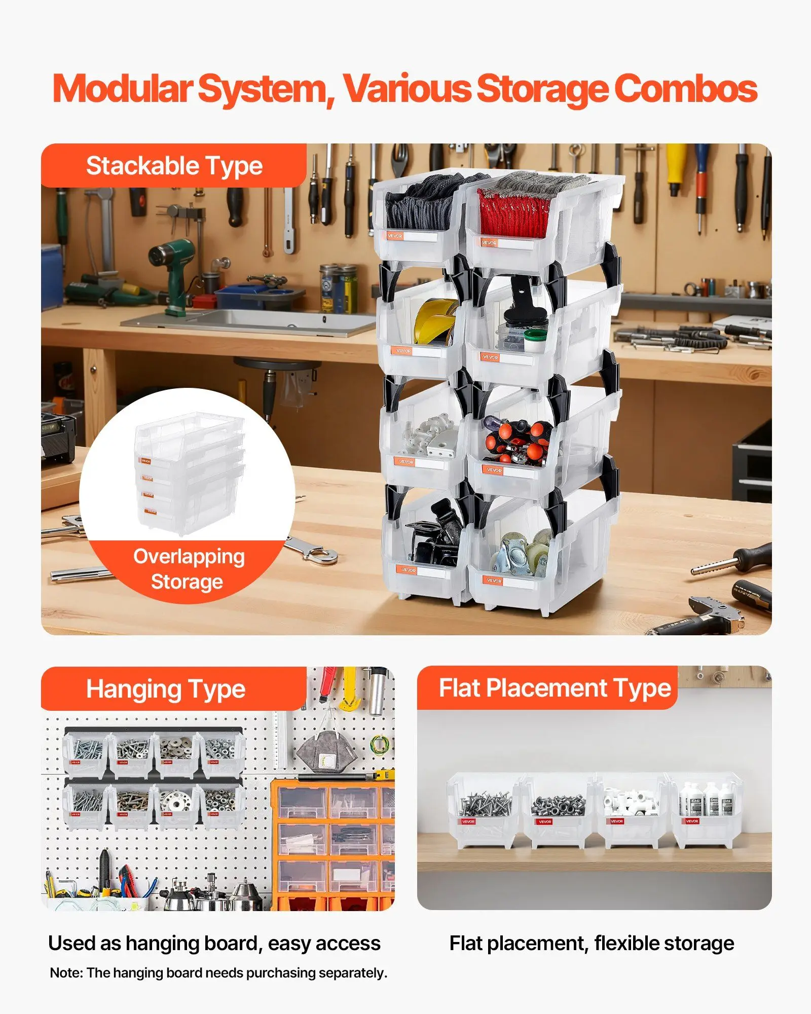 Stapelbare opbergbakken 8-pack 10,9x5,5x5,1" transparante plastic organizerbakken met labelstickers voor garagekast en kantoor