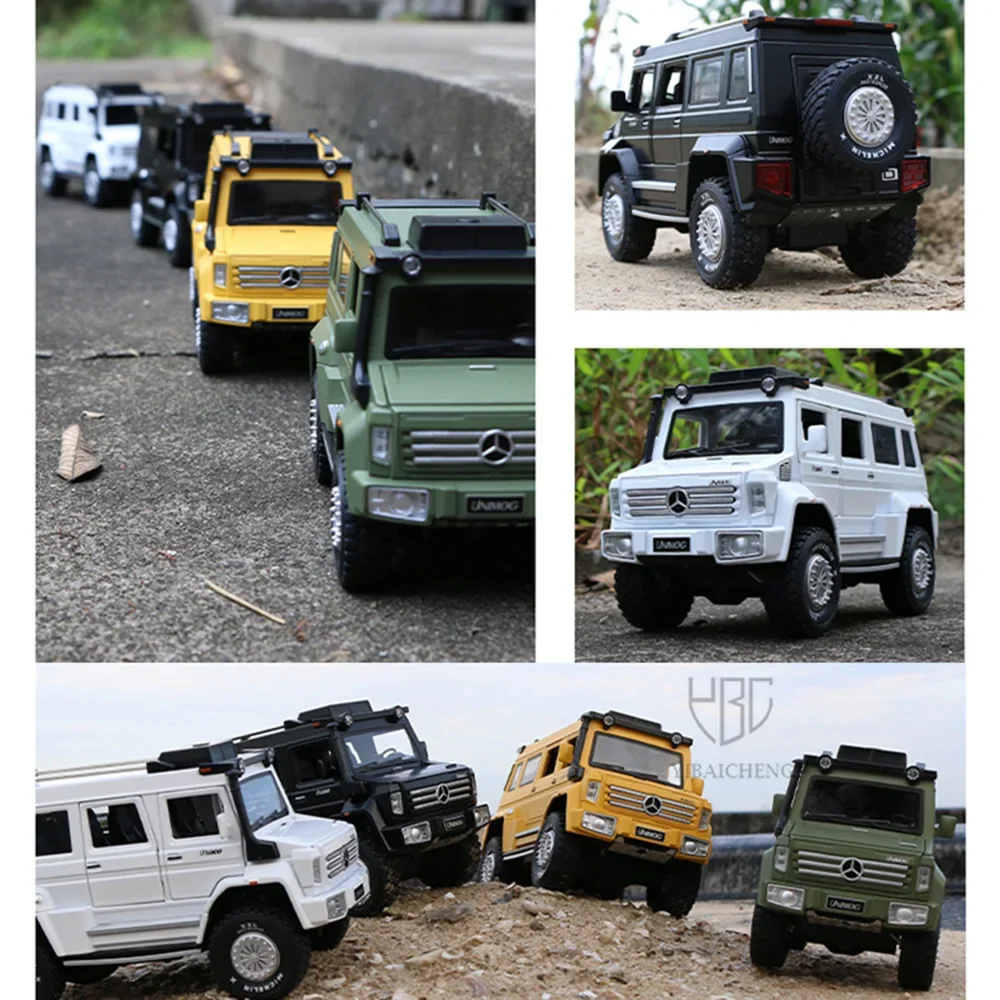 1:28 Die Cast Alloy Car Model Toys UNIMOG U500 Truck Metal Model Simulation Off-Road Vehicle With Light Pull Back Toys For Boys