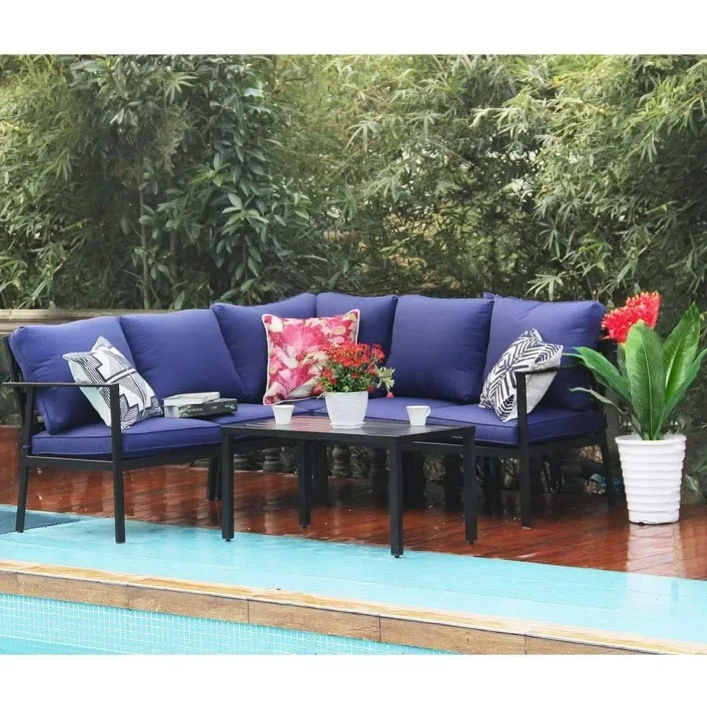 

4 Piece Patio Furniture Set, Outdoor Metal Sectional Sofa Set with 2 Corner Bench, 1 Corner Chair & 1 Coffee Table for Garden