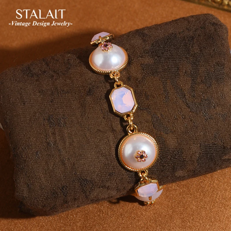 

Vintage Pink Crystal Charm Bracelet Pearl Plum Blossom Luxury Natural Stone Summer Jewelry Woman Wedding Accessories Gift 2025