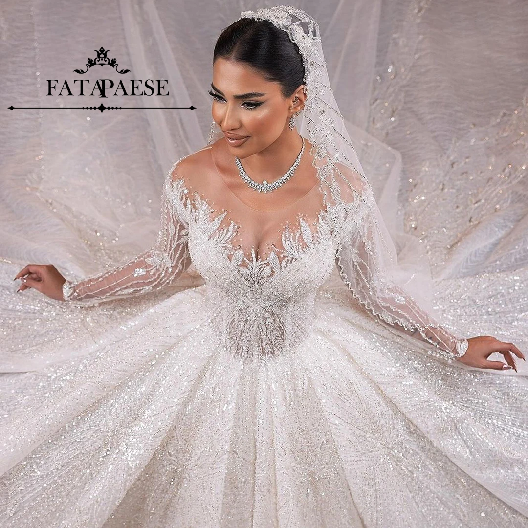 

FATAPAESE Luxury Wedding Dress Princess Dresses Strapless Beading Illusion Sleeve Sweatheart Dress Fluffy Bride Gown платье