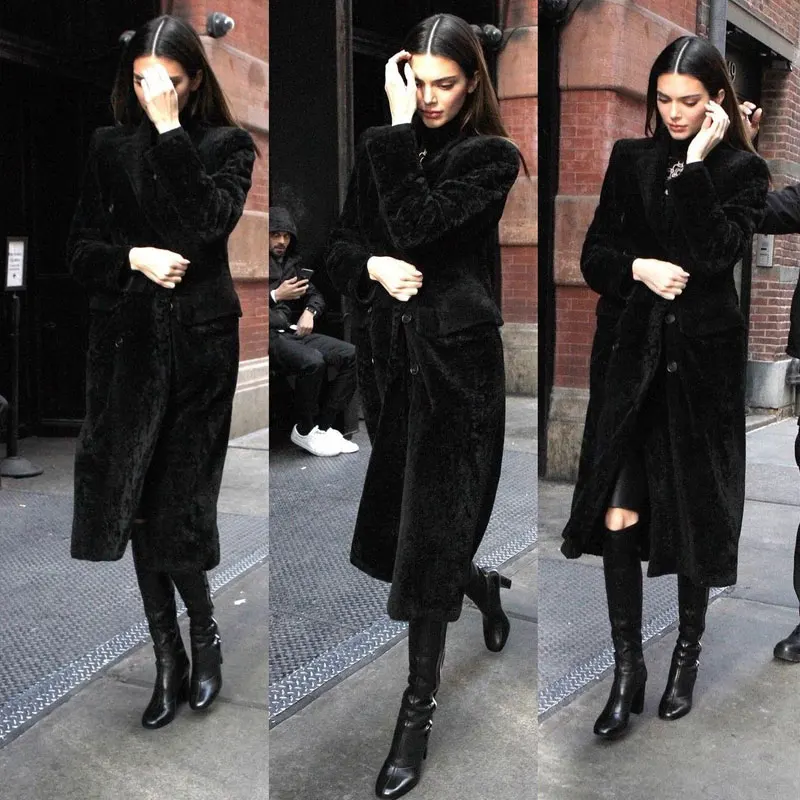 

Kendall Winter Warm over Knee Faux Fur Rabbit Fur Long Coat Outerwear Street Snap Tight Fit Shoulder Pad Regular Sleeve Long