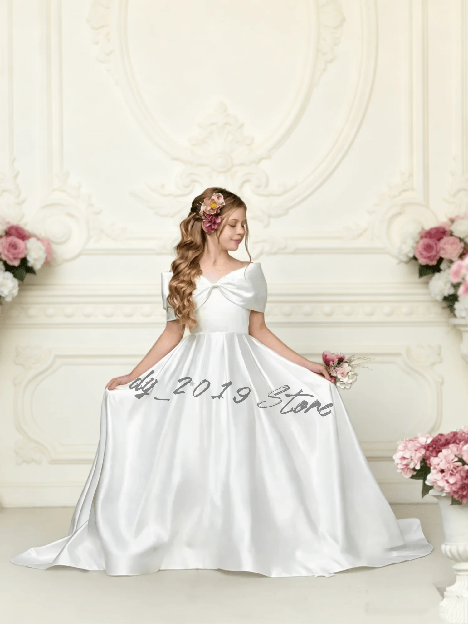 Luxury White Satin Flower Girl Dress Off Shoulder Princess Dress with Oversized Back Bow & Train for Communion & Wedding